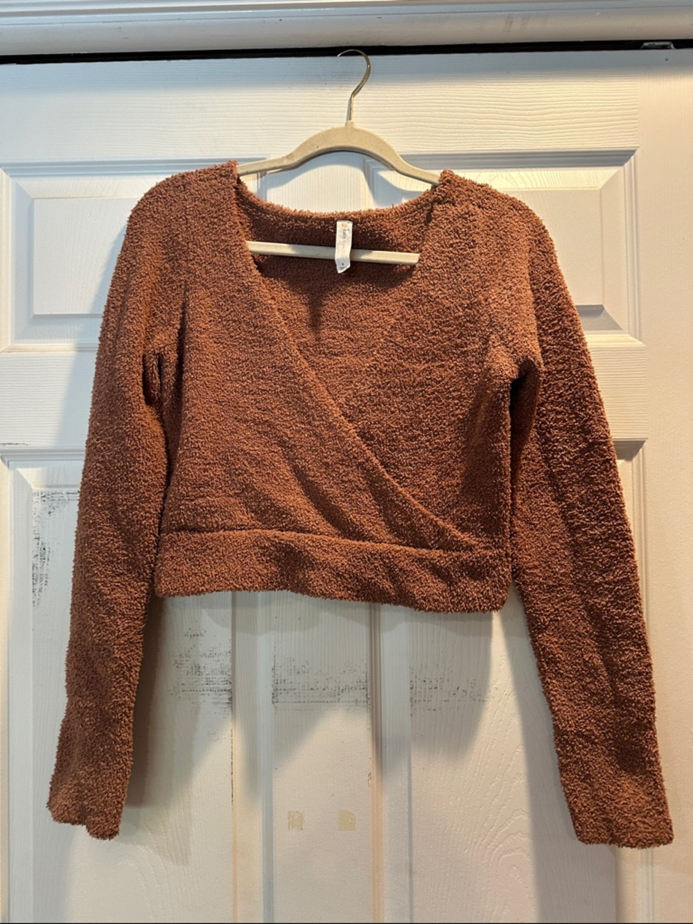 Anthropologie Daily Practice Brown V-Neck Faux Wrap Fuzzy Boucle Sweater Top S - Picture 2 of 7